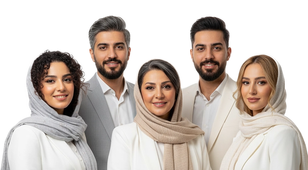 تیم متخصص و مجرب کلینیک زیبایی و سلامت بارسین طب، شامل متخصصین جوان و باتجربه ایرانی (سه زن با حجاب ملایم شامل یک میانسال، یک مو فرفری و یک موی طلایی، و دو مرد شامل یک موی جوگندمی) با ظاهری آراسته و دوستانه.