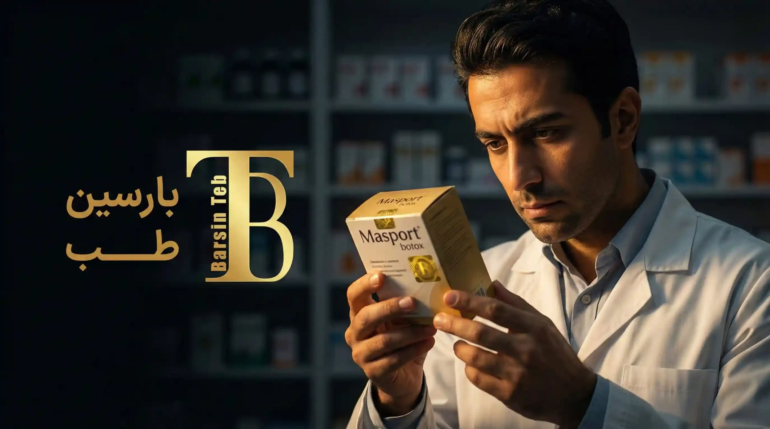 تشخیص بوتاکس مصپورت اصل؛ دکتر داروساز ایرانی در حال بررسی هولوگرام امنیتی روی جعبه در داروخانه