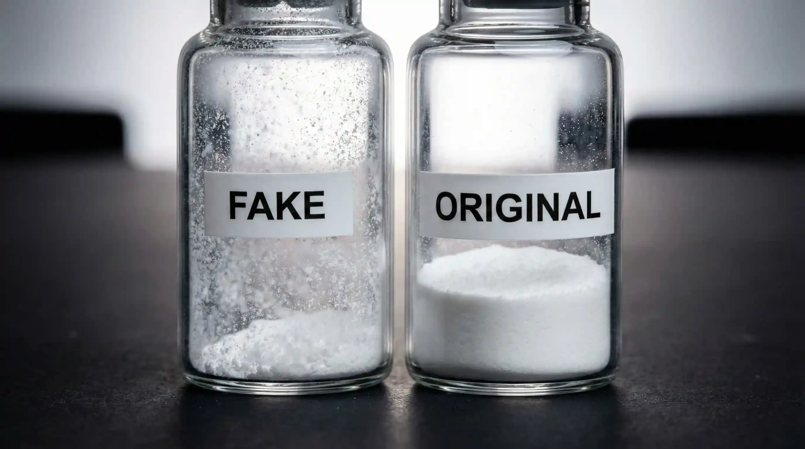 مقایسه شکل پودر داخل ویال مصپورت؛ سمت راست قرص فشرده سفید (اصل)، سمت چپ پودر پراکنده (تقلبی)